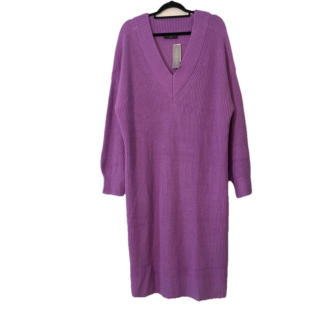 Lane Bryant 22 / 24 Sweater Dress Purple Knit Deep V Neck Ballon Sleeve New